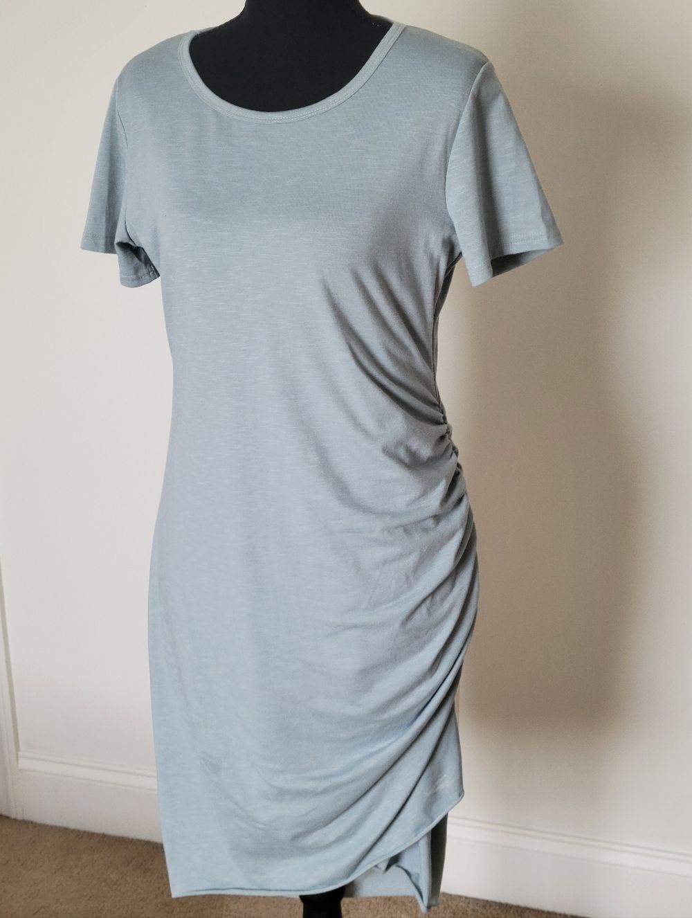 Light Blue Ruched Side Crewneck Mini T-Shirt Dress Sporty Casual Chic - Medium